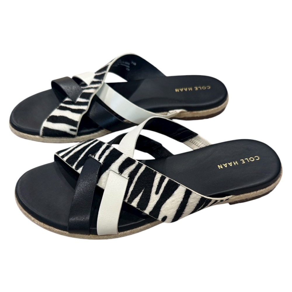 COLE HAAN Florens Woven Slide Sandals Flats Lfur zebra black white 7.5
